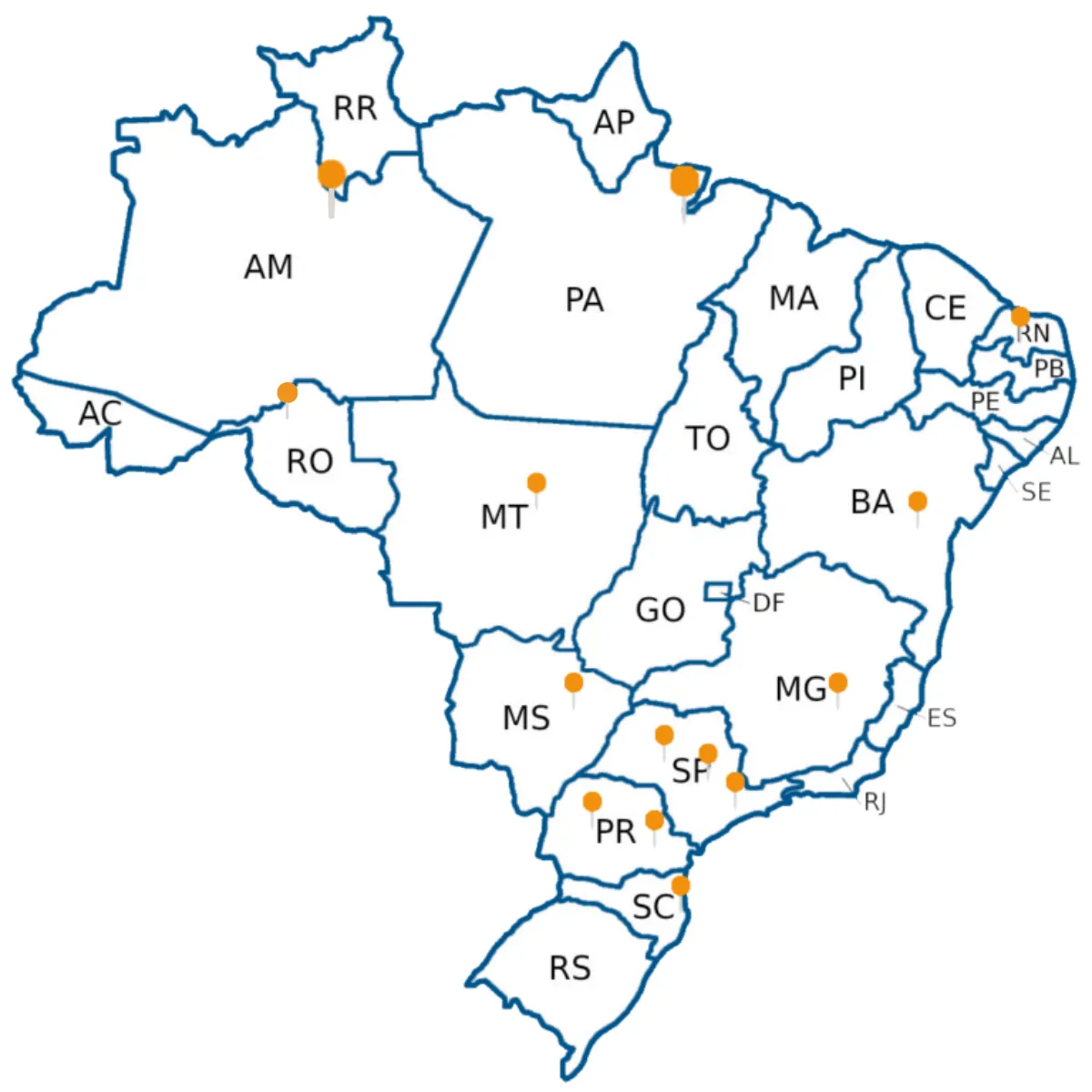 Mapa do Brasil com pinos nos estados, referente à localização dos polos