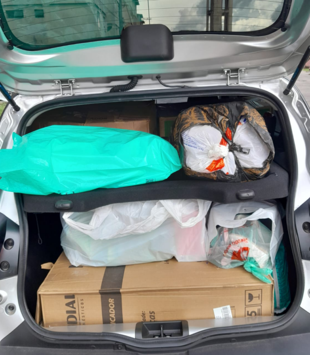 Porta-malas de carro prata cheio de sacolas e fardos de mantimentos.